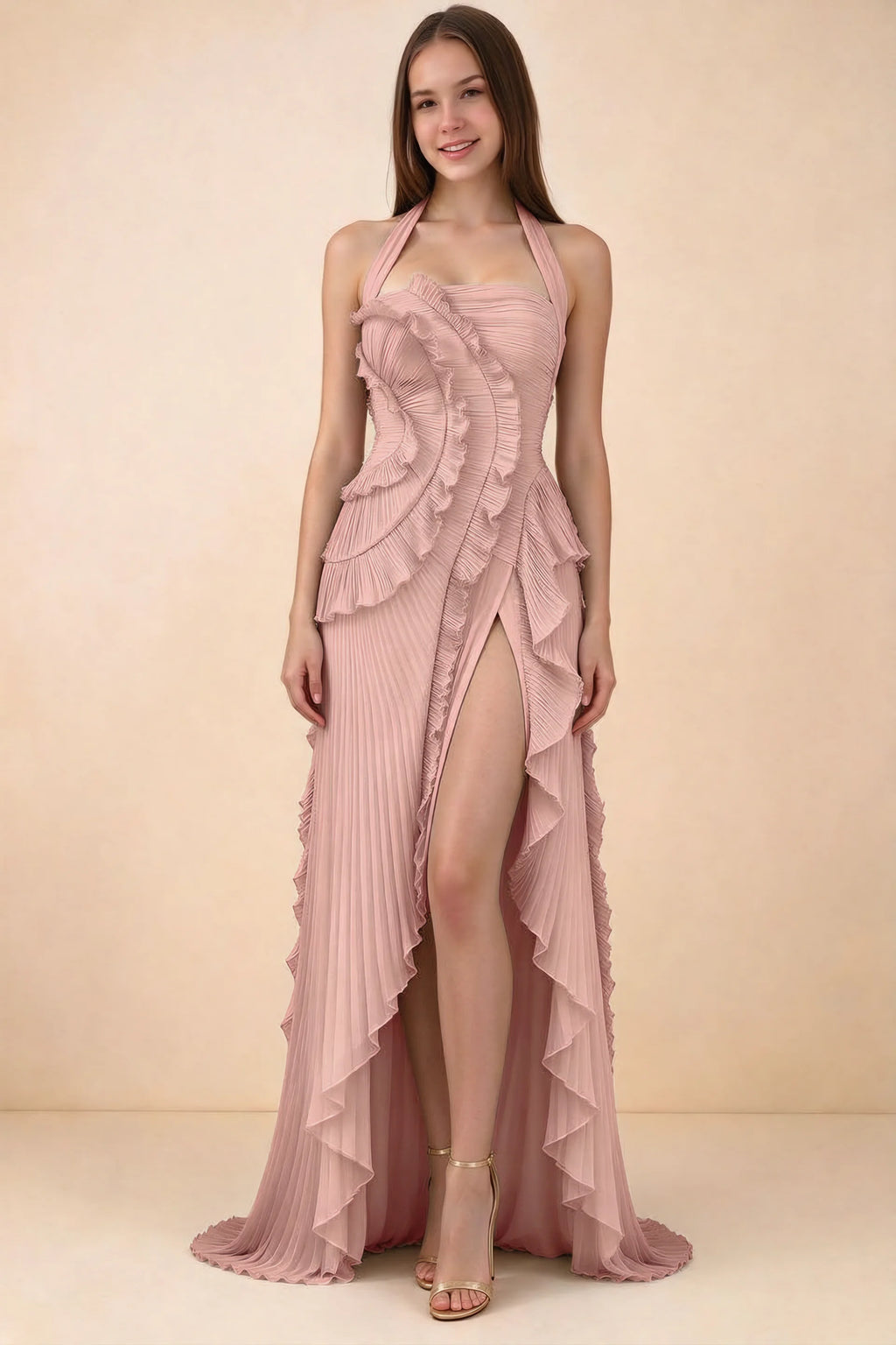 Celeste Light Pink Pleated Ruffle Halter High Slit Maxi Dress