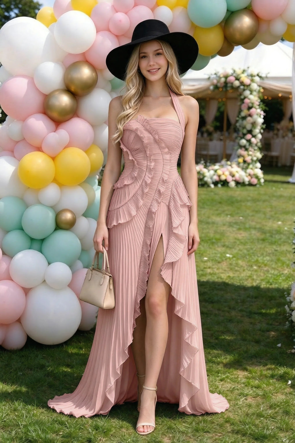 Celeste Light Pink Pleated Ruffle Halter High Slit Maxi Dress