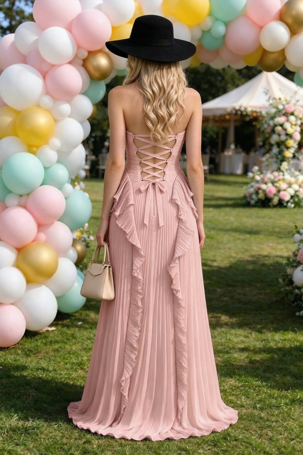 Celeste Light Pink Pleated Ruffle Halter High Slit Maxi Dress