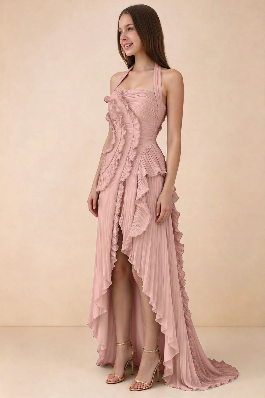 Celeste Light Pink Pleated Ruffle Halter High Slit Maxi Dress