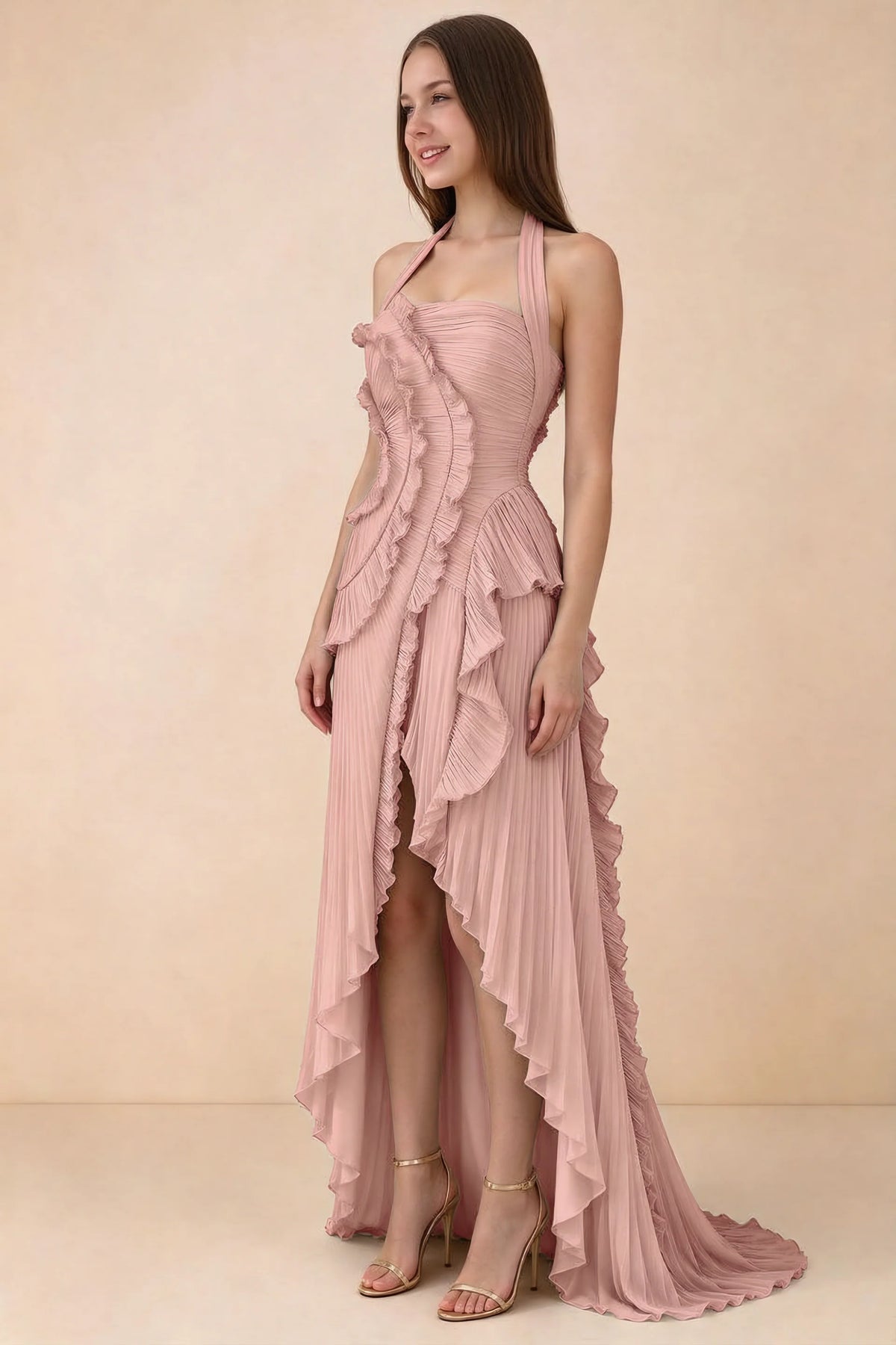 Celeste Light Pink Pleated Ruffle Halter High Slit Maxi Dress
