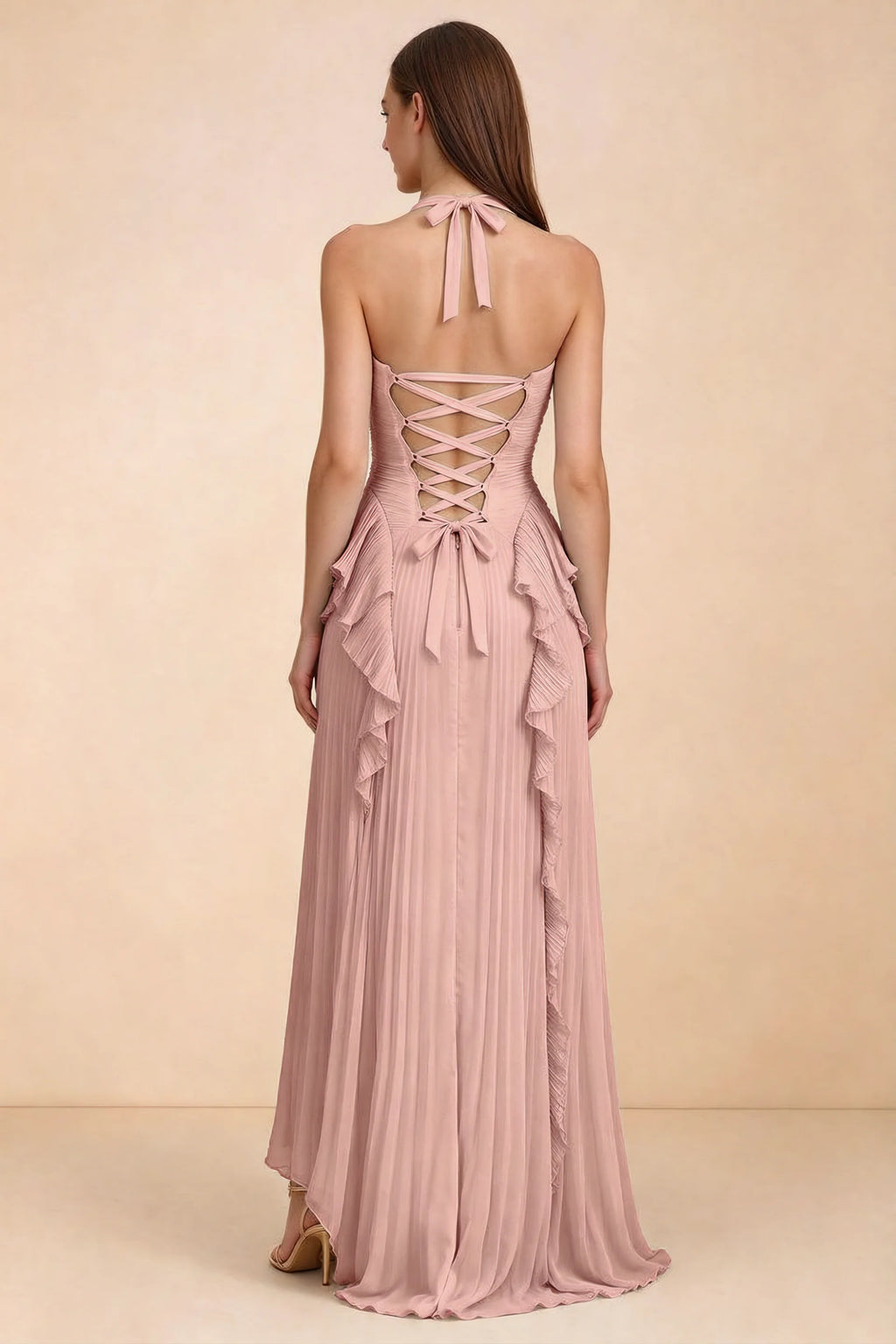 Celeste Light Pink Pleated Ruffle Halter High Slit Maxi Dress