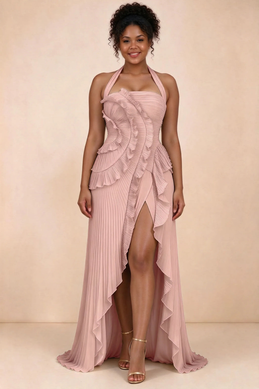 Celeste Light Pink Pleated Ruffle Halter High Slit Maxi Dress