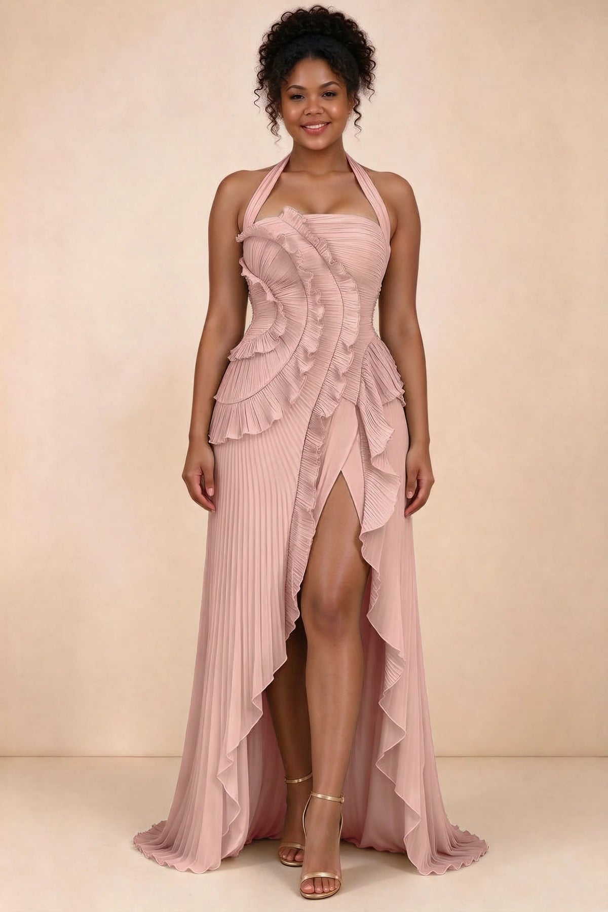 Celeste Light Pink Pleated Ruffle Halter High Slit Maxi Dress