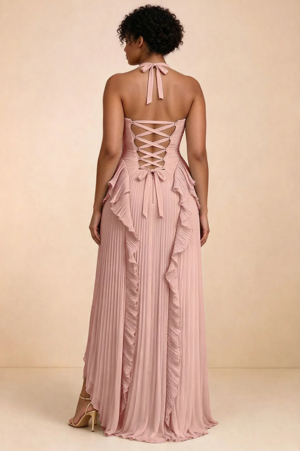 Celeste Light Pink Pleated Ruffle Halter High Slit Maxi Dress