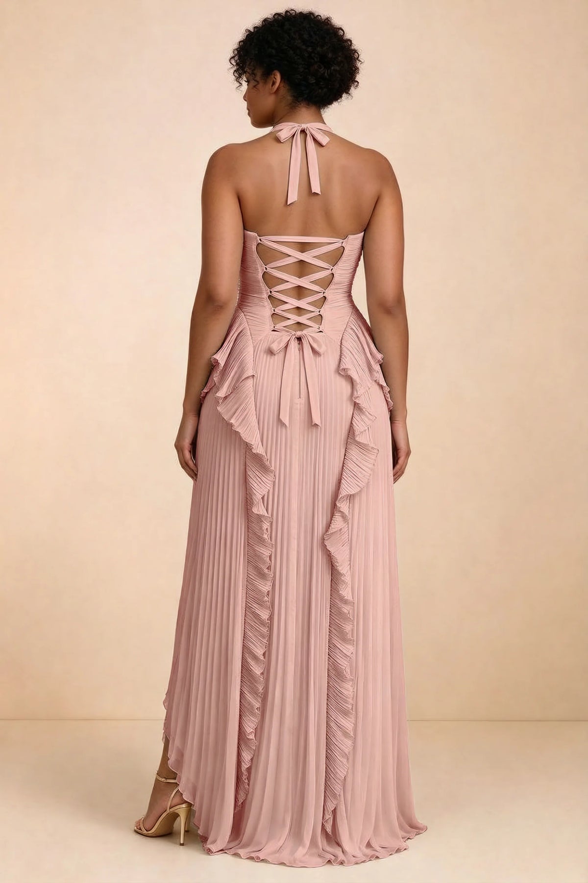 Celeste Light Pink Pleated Ruffle Halter High Slit Maxi Dress