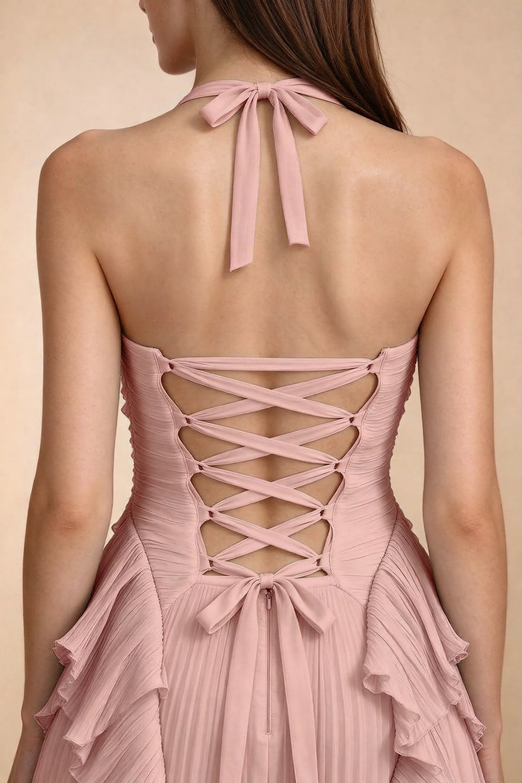 Celeste Light Pink Pleated Ruffle Halter High Slit Maxi Dress