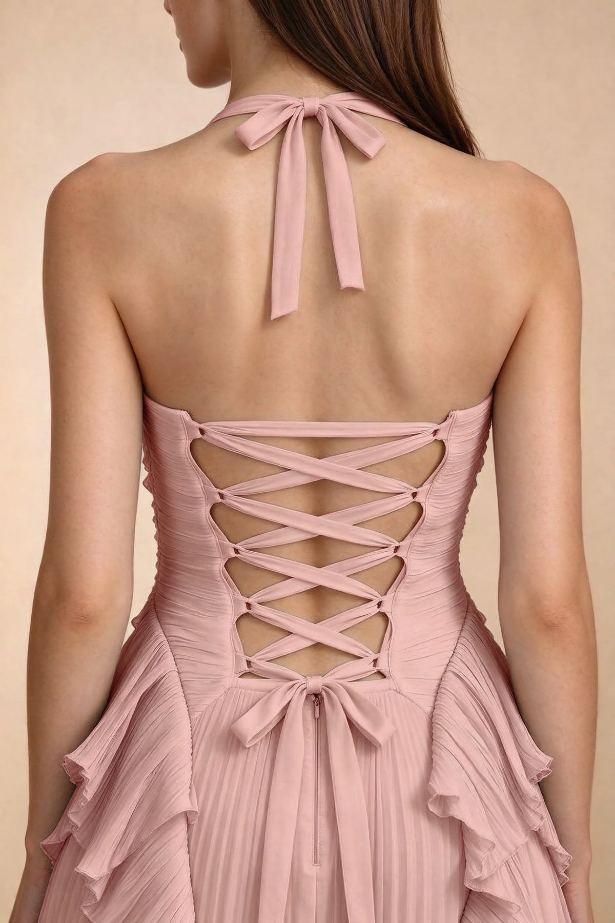 Celeste Light Pink Pleated Ruffle Halter High Slit Maxi Dress