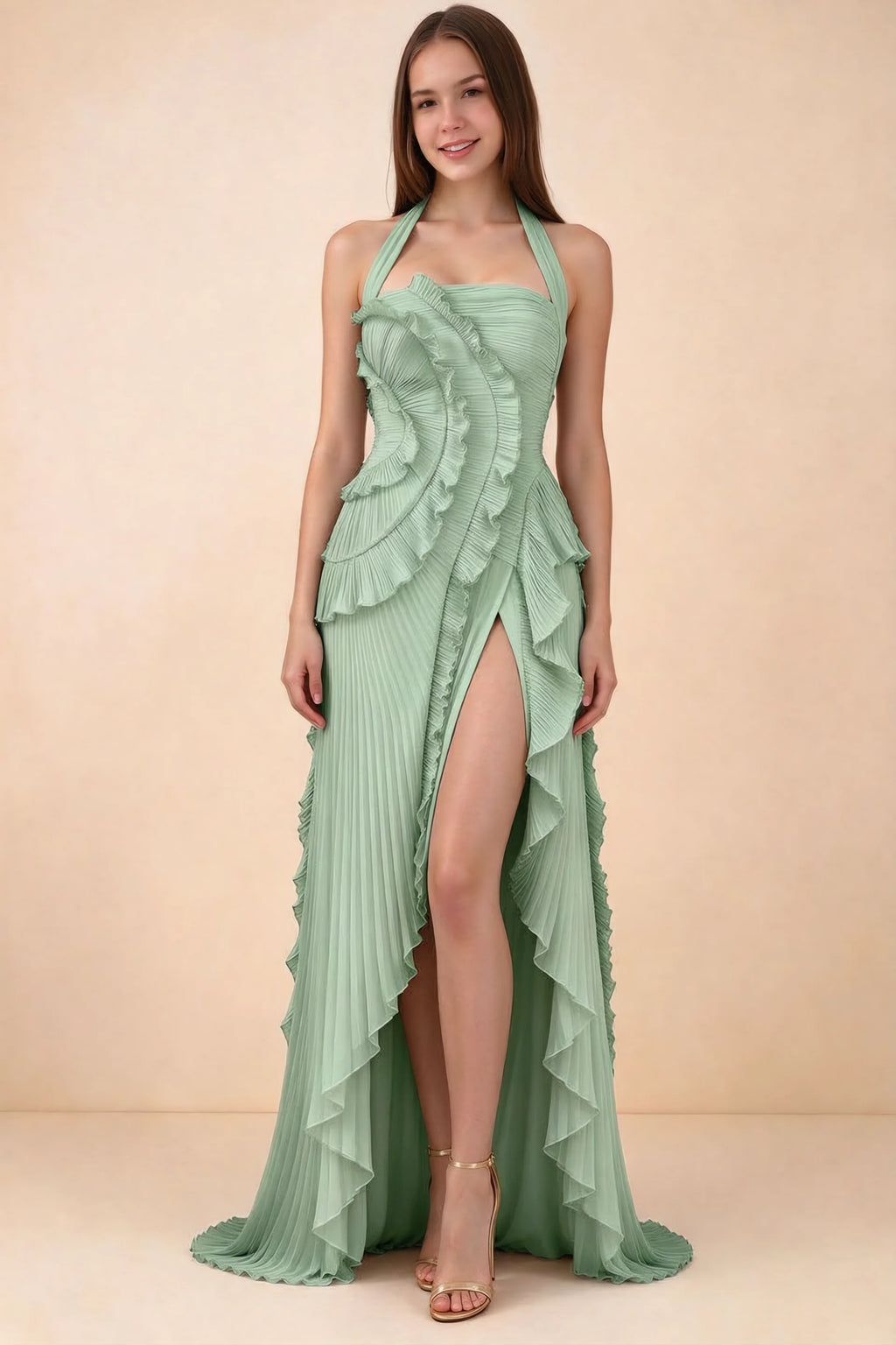 Celeste Matcha Green Pleated Ruffle Halter High Slit Maxi Dress
