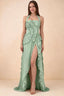 Celeste Matcha Green Pleated Ruffle Halter High Slit Maxi Dress