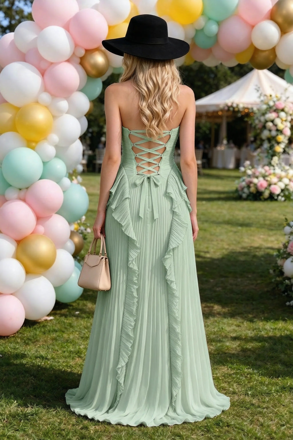 Celeste Matcha Green Pleated Ruffle Halter High Slit Maxi Dress