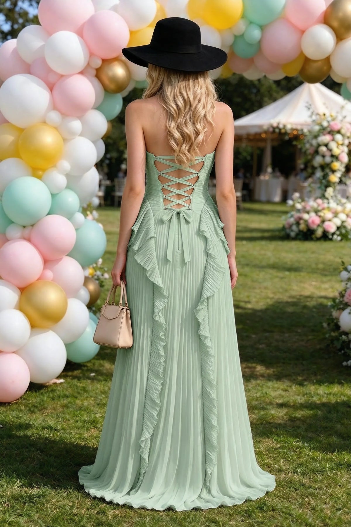Celeste Matcha Green Pleated Ruffle Halter High Slit Maxi Dress