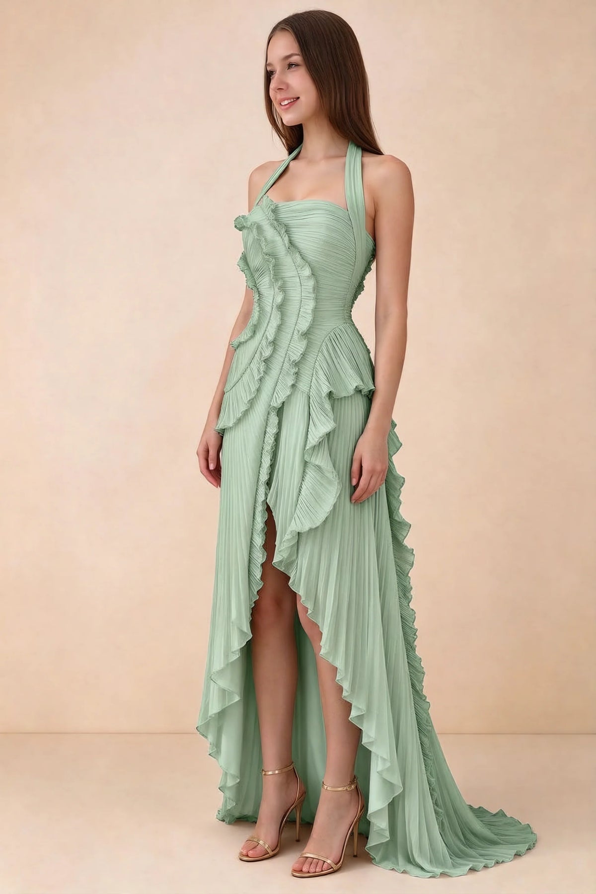 Celeste Matcha Green Pleated Ruffle Halter High Slit Maxi Dress