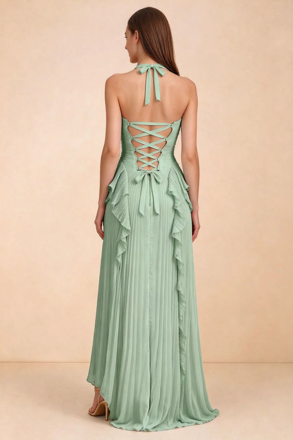 Celeste Matcha Green Pleated Ruffle Halter High Slit Maxi Dress