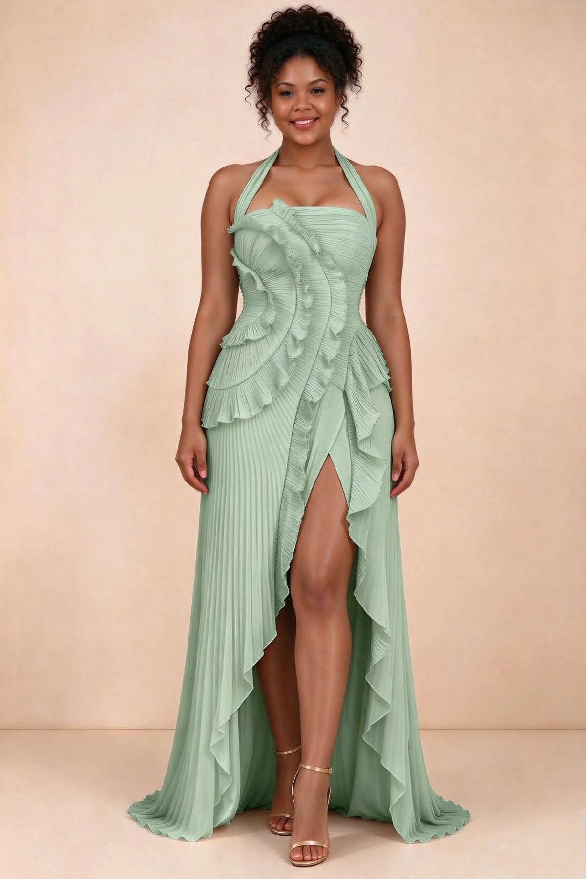 Celeste Matcha Green Pleated Ruffle Halter High Slit Maxi Dress