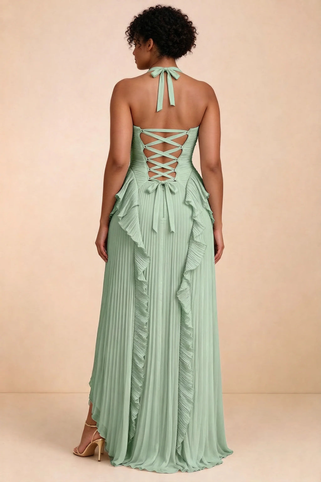 Celeste Matcha Green Pleated Ruffle Halter High Slit Maxi Dress