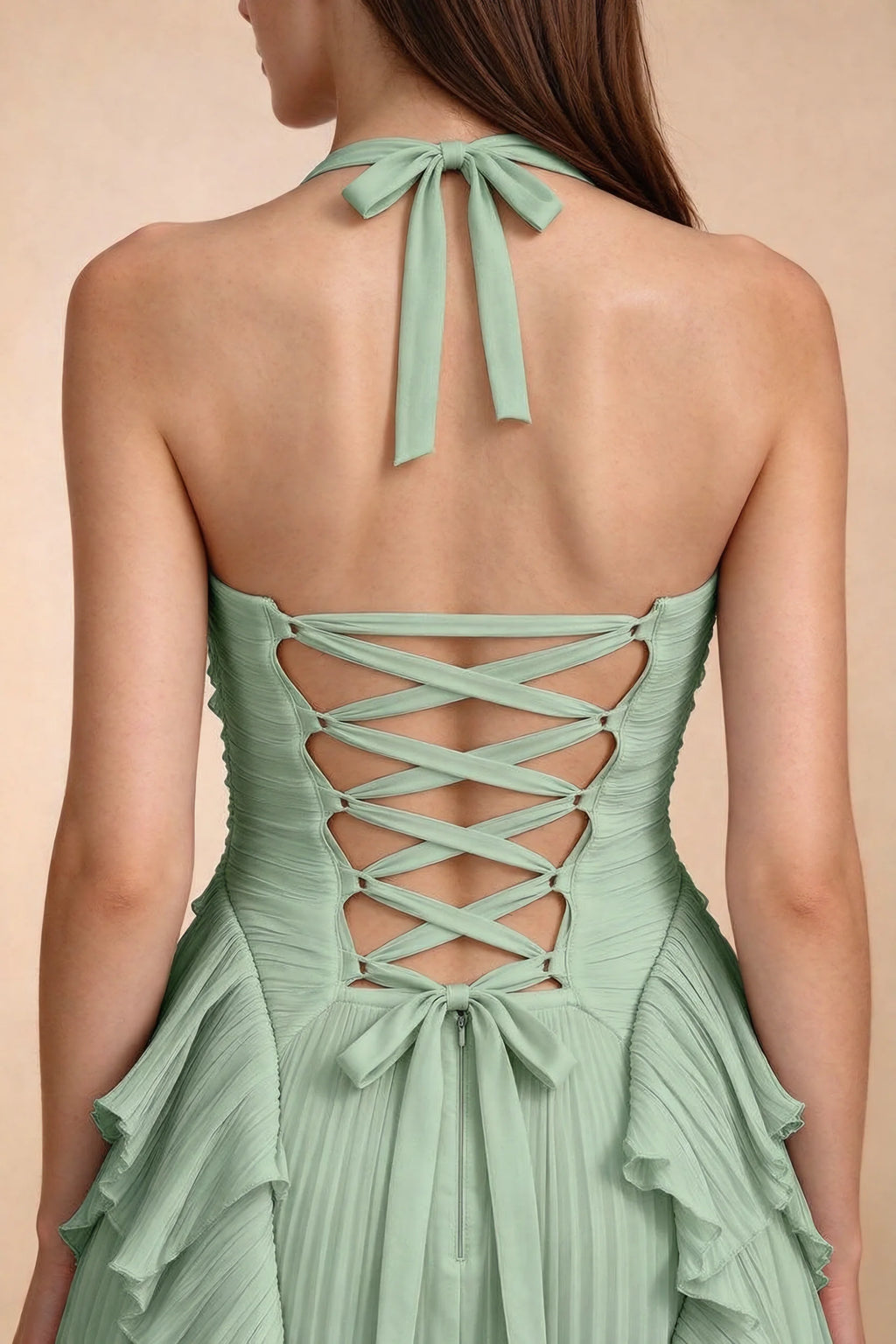 Celeste Matcha Green Pleated Ruffle Halter High Slit Maxi Dress