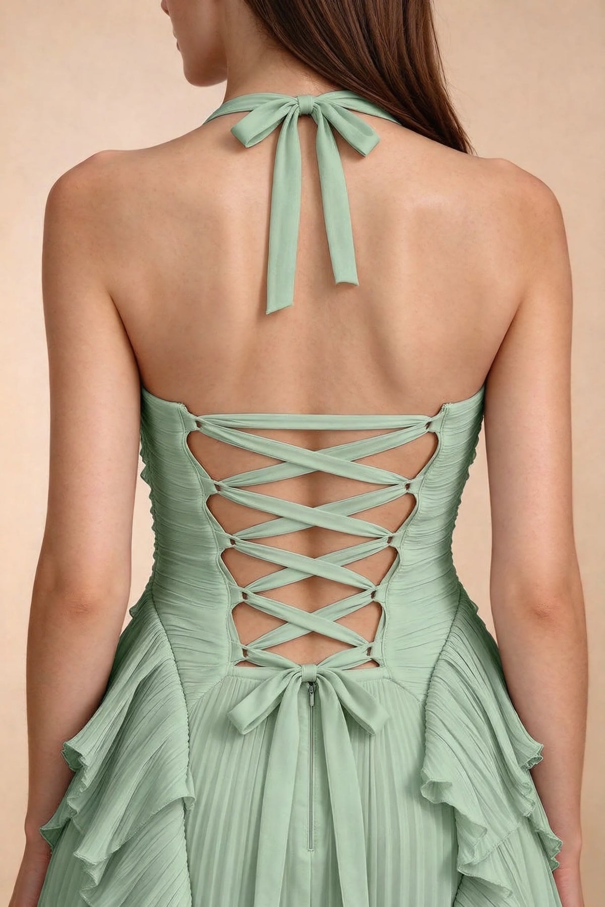 Celeste Matcha Green Pleated Ruffle Halter High Slit Maxi Dress