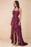 Celeste Merlot Pleated Ruffle Halter High Slit Maxi Dress