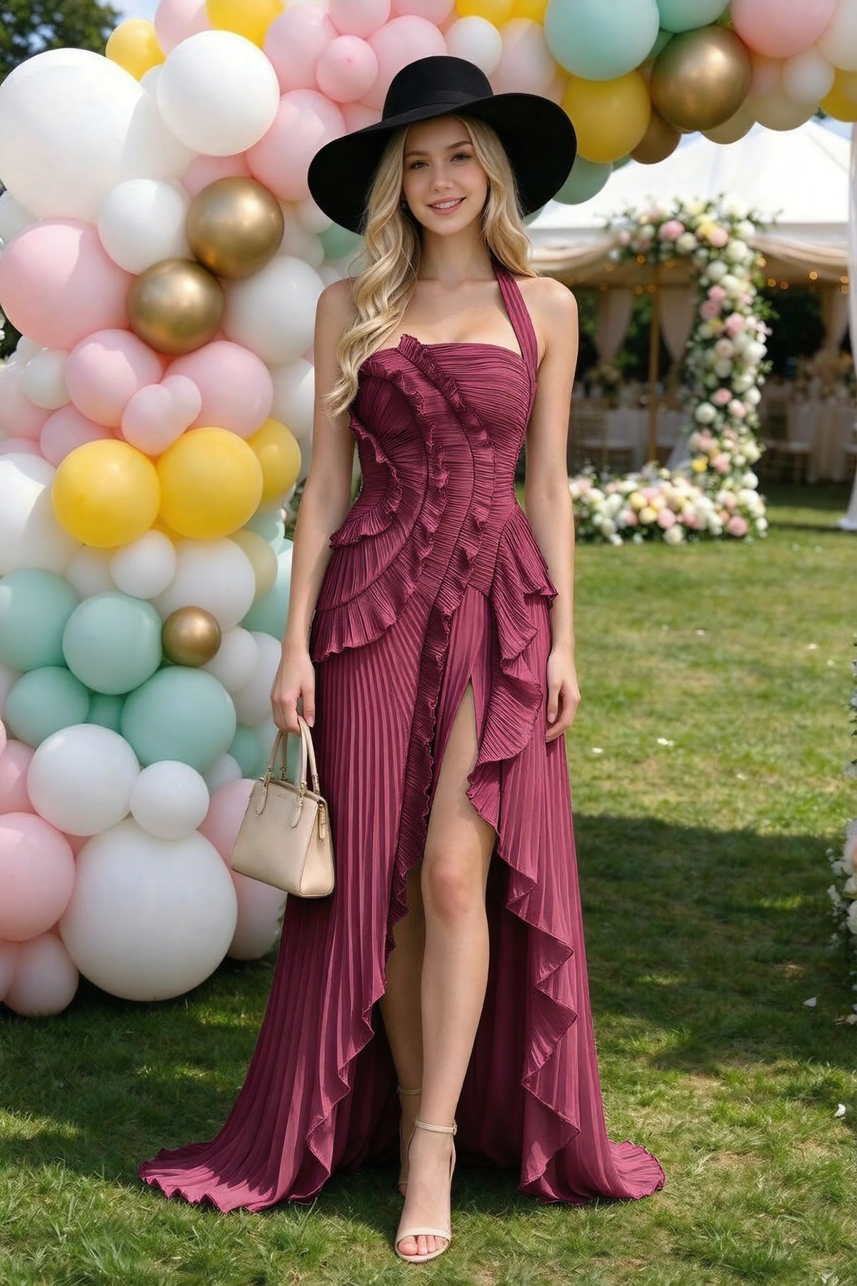 Celeste Merlot Pleated Ruffle Halter High Slit Maxi Dress