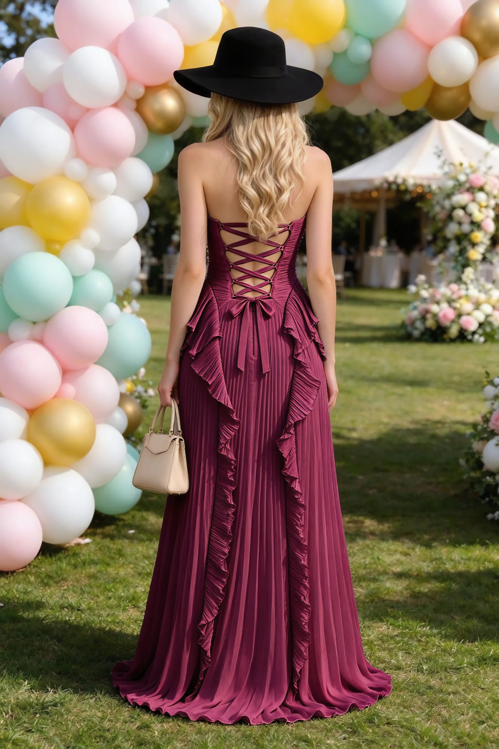 Celeste Merlot Pleated Ruffle Halter High Slit Maxi Dress