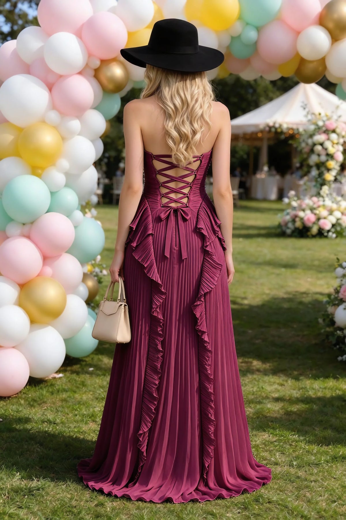 Celeste Merlot Pleated Ruffle Halter High Slit Maxi Dress