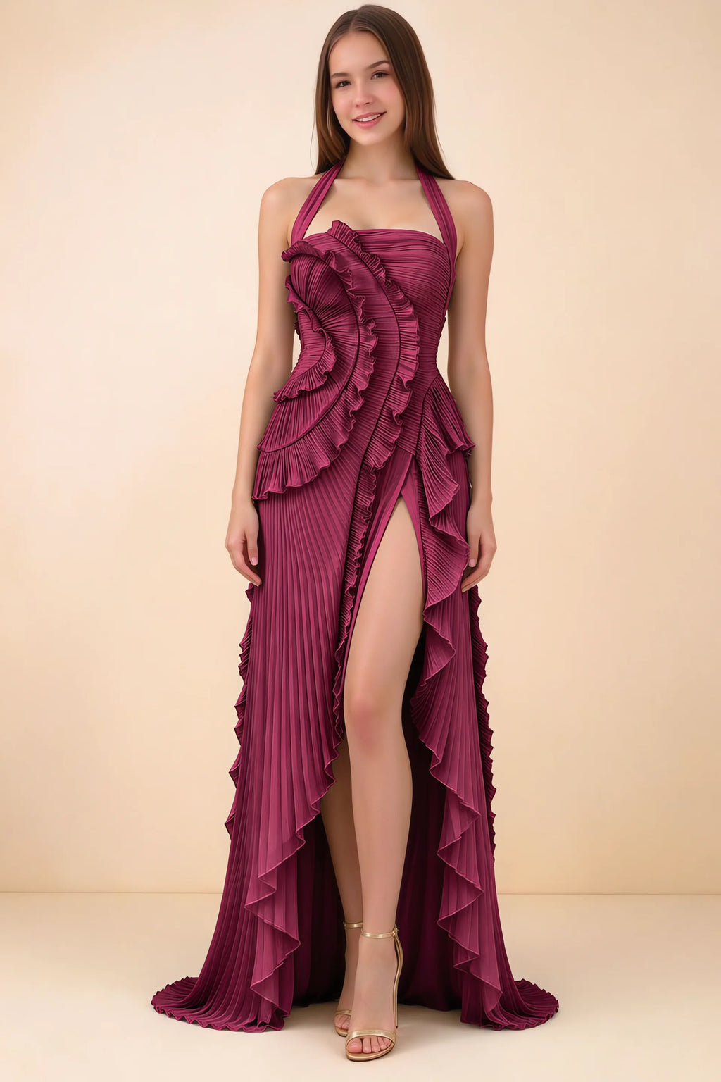 Celeste Merlot Pleated Ruffle Halter High Slit Maxi Dress