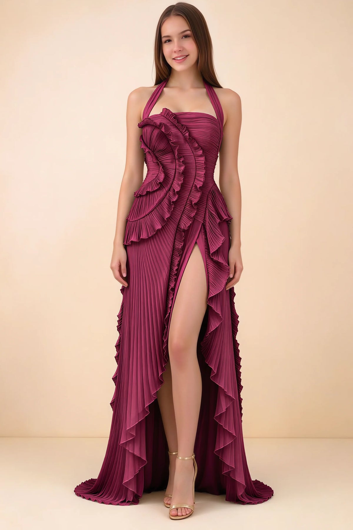 Celeste Merlot Pleated Ruffle Halter High Slit Maxi Dress