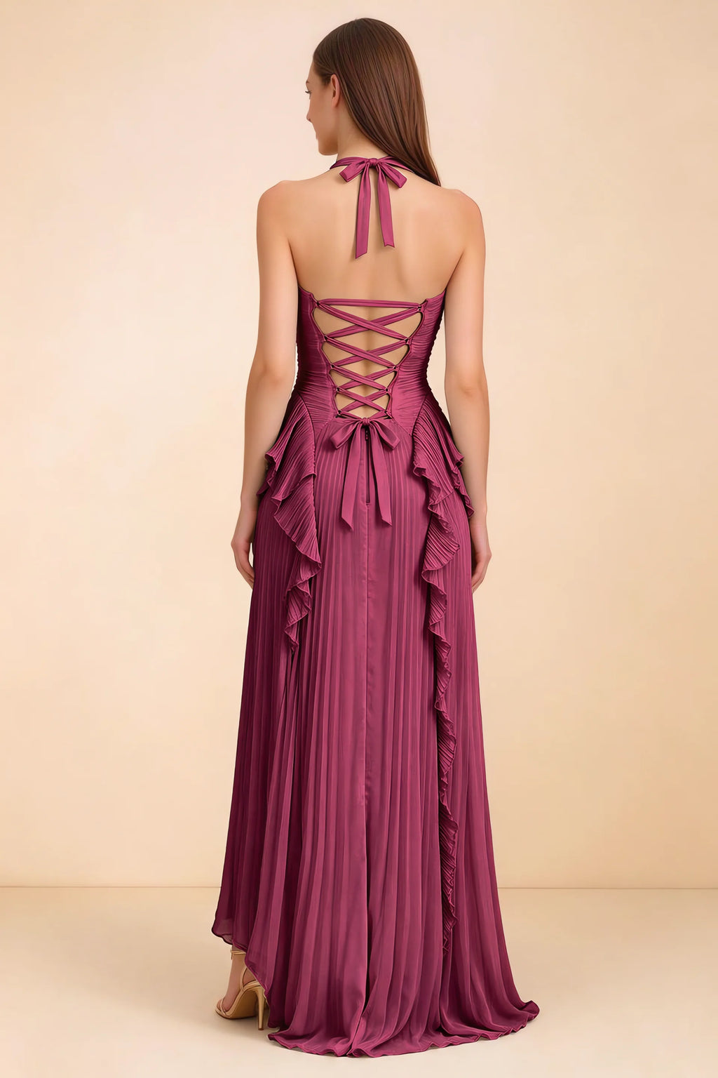 Celeste Merlot Pleated Ruffle Halter High Slit Maxi Dress