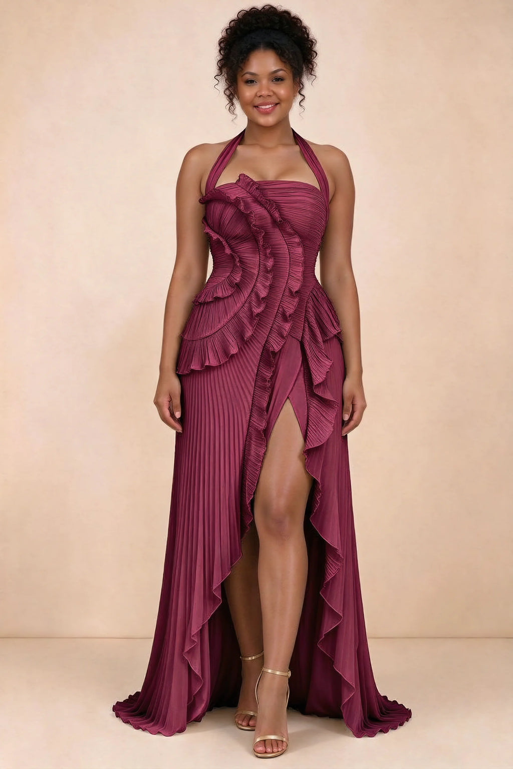 Celeste Merlot Pleated Ruffle Halter High Slit Maxi Dress