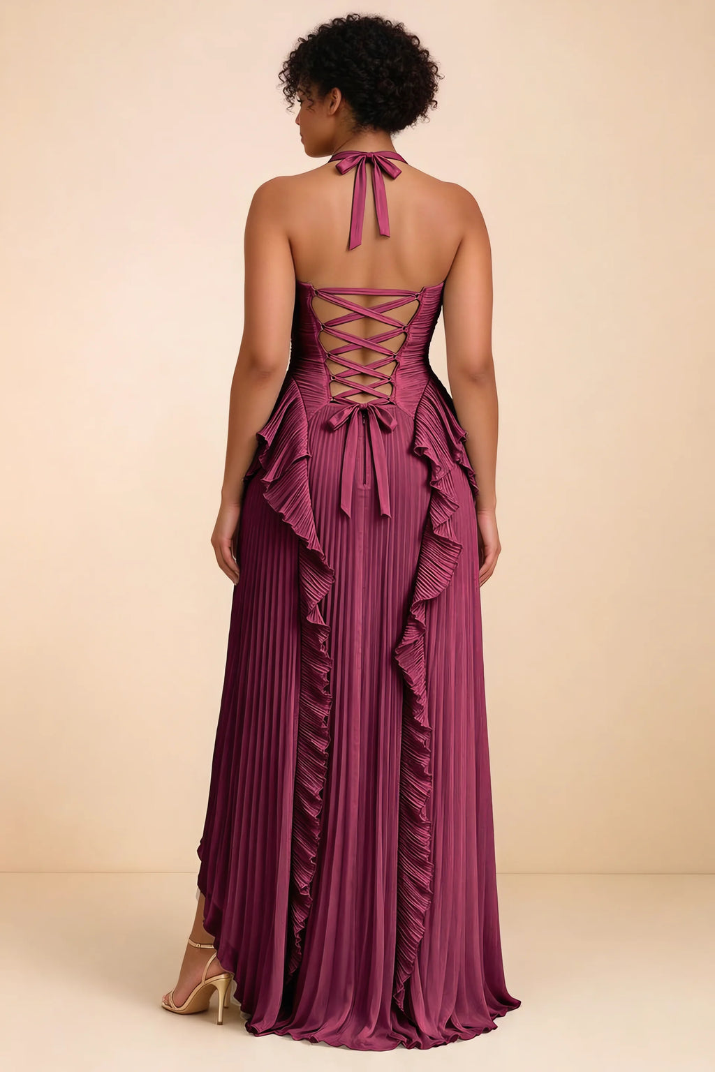 Celeste Merlot Pleated Ruffle Halter High Slit Maxi Dress