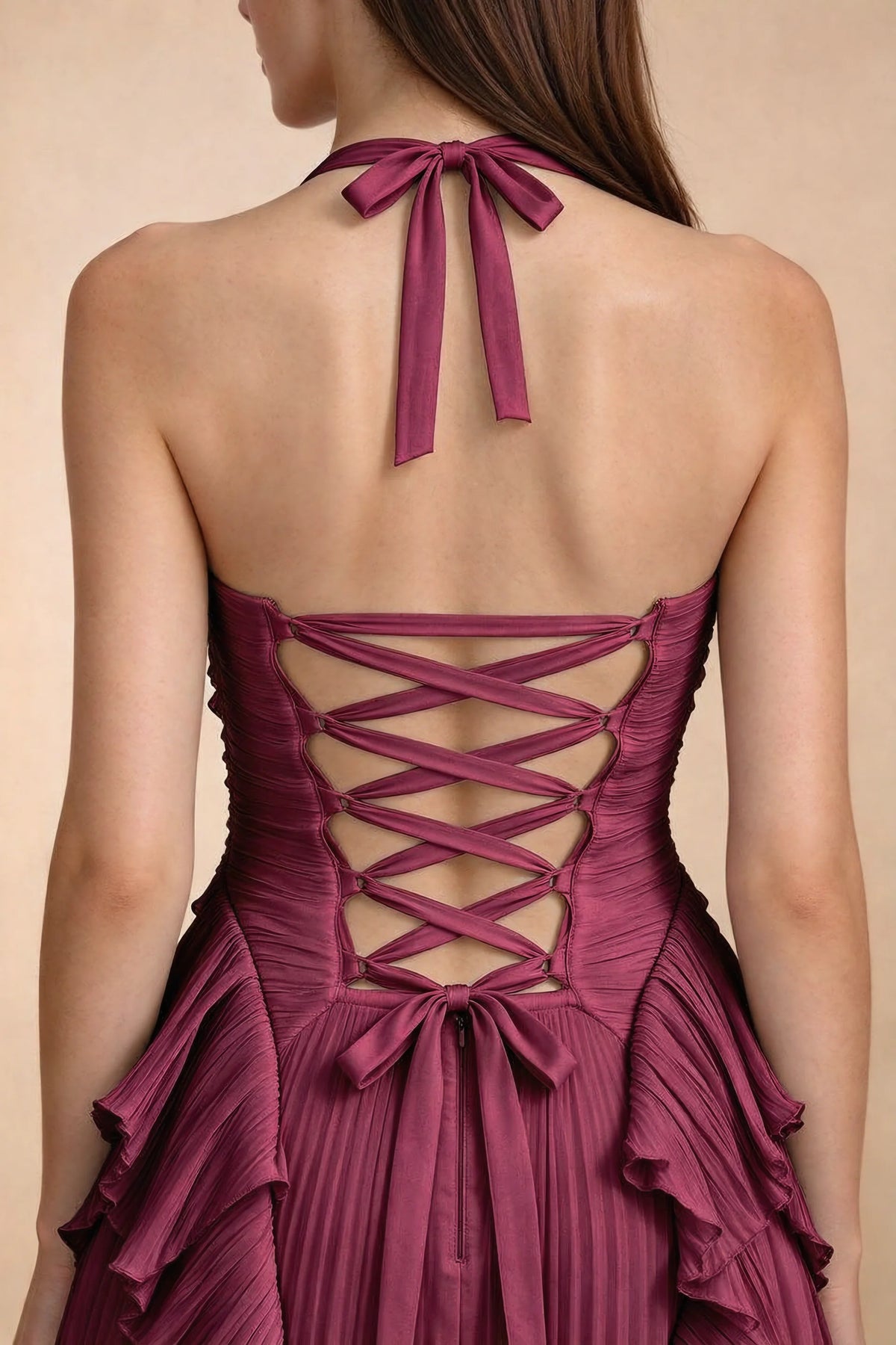 Celeste Merlot Pleated Ruffle Halter High Slit Maxi Dress