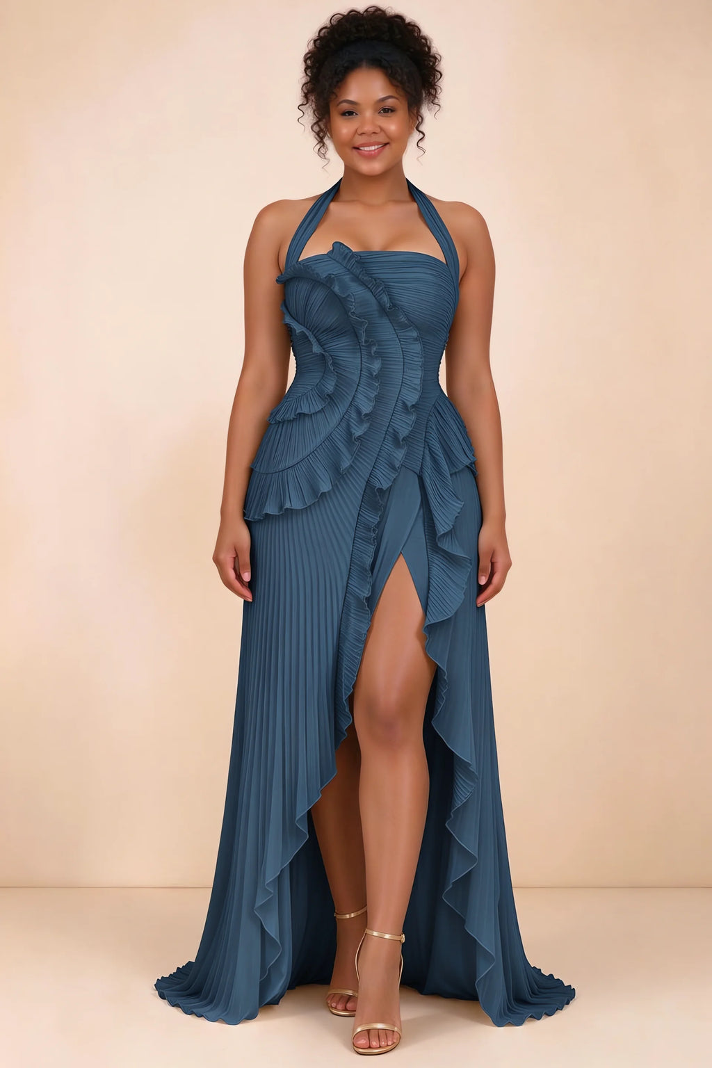 Vestido largo Celeste azul marino plisado con volantes, cuello halter y abertura alta