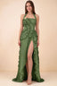 Vestido largo Celeste verde oliva plisado con volantes, cuello halter y abertura alta