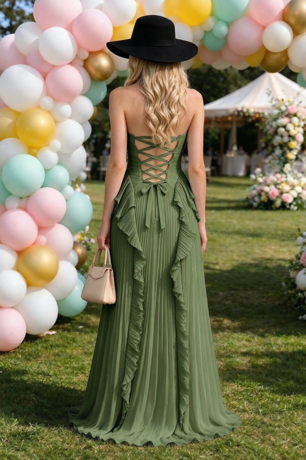 Vestido largo Celeste verde oliva plisado con volantes, cuello halter y abertura alta