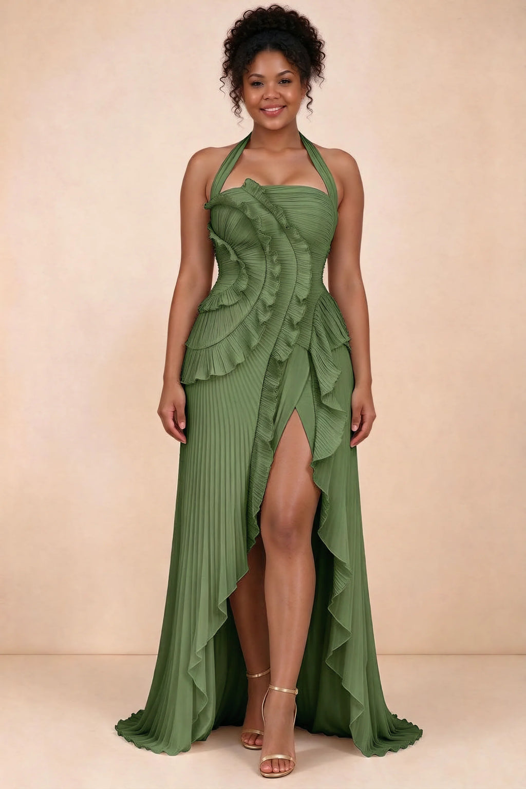 Vestido largo Celeste verde oliva plisado con volantes, cuello halter y abertura alta
