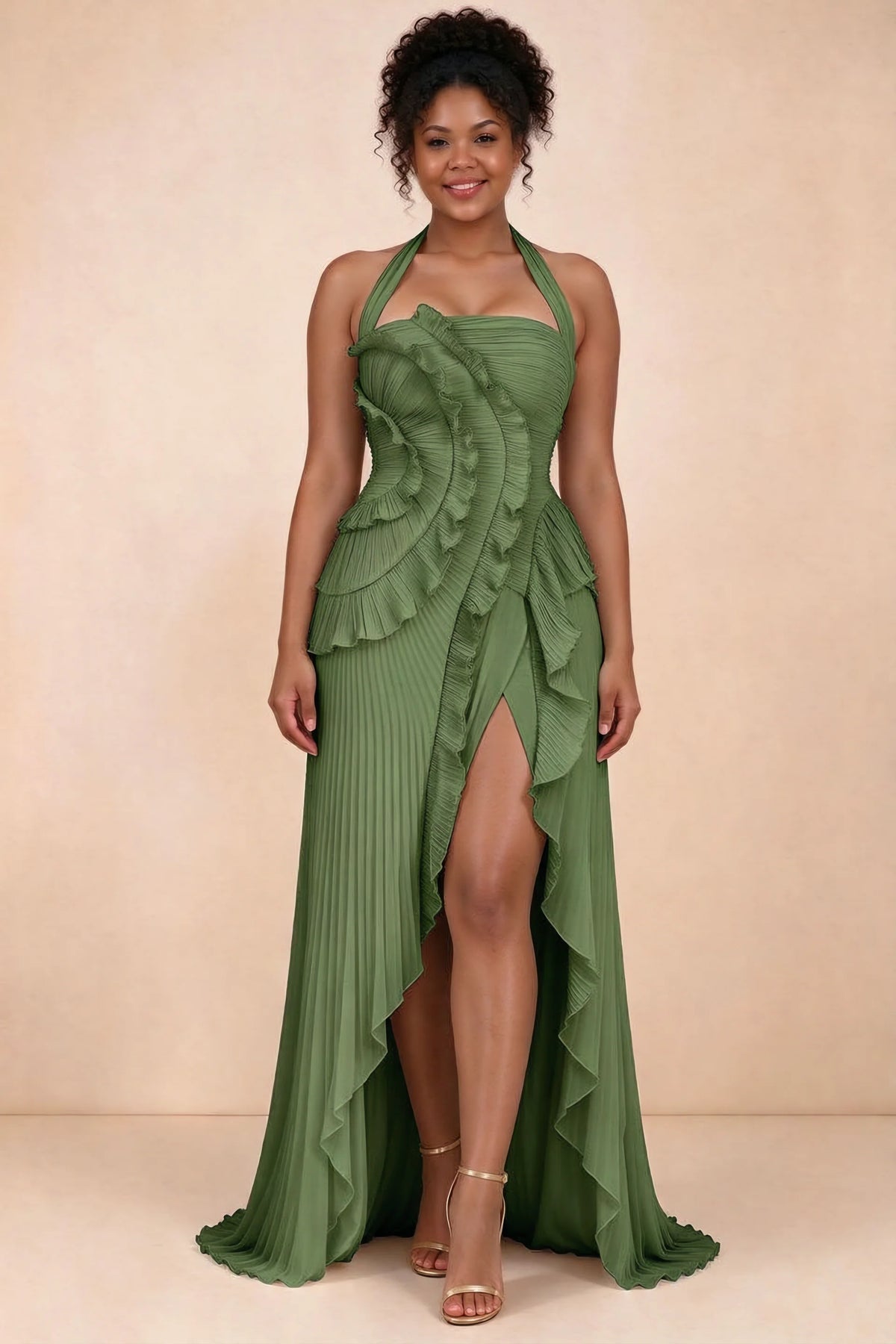 Vestido largo Celeste verde oliva plisado con volantes, cuello halter y abertura alta