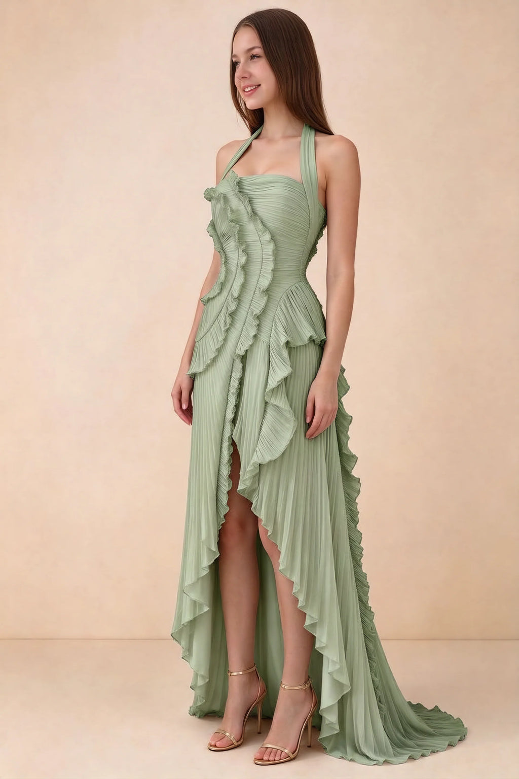 Celeste Pistachio Pleated Ruffle Halter High Slit Maxi Dress