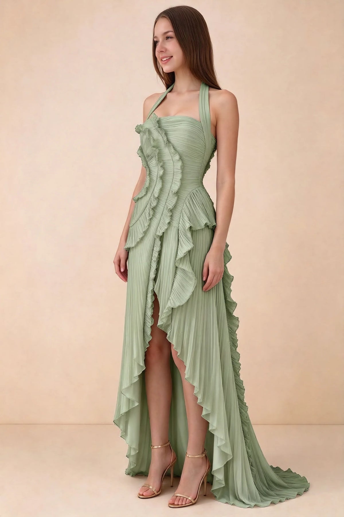 Celeste Pistachio Pleated Ruffle Halter High Slit Maxi Dress