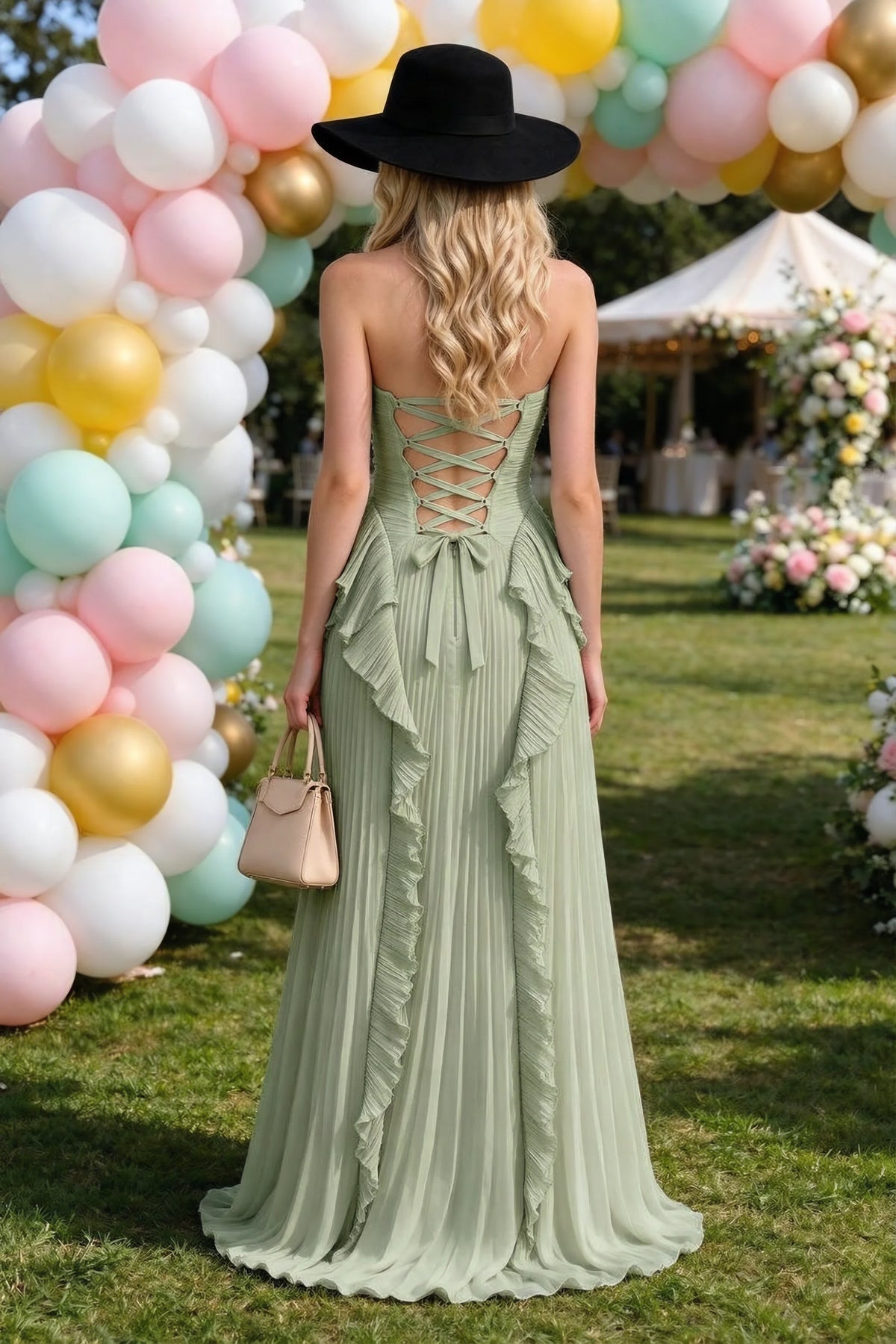 Celeste Pistachio Pleated Ruffle Halter High Slit Maxi Dress