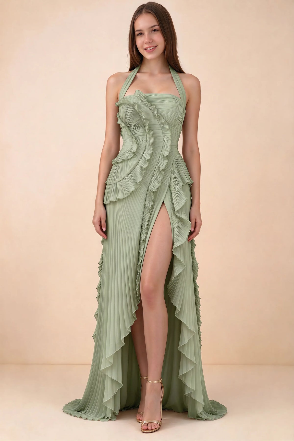 Celeste Pistachio Pleated Ruffle Halter High Slit Maxi Dress