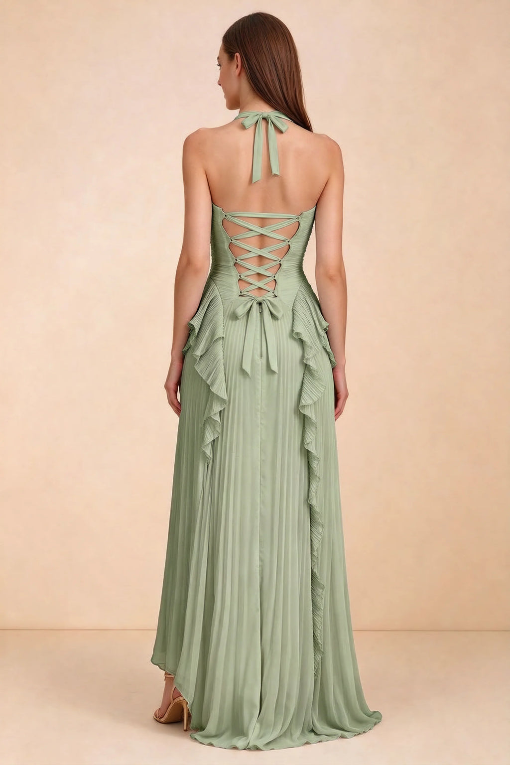 Celeste Pistachio Pleated Ruffle Halter High Slit Maxi Dress