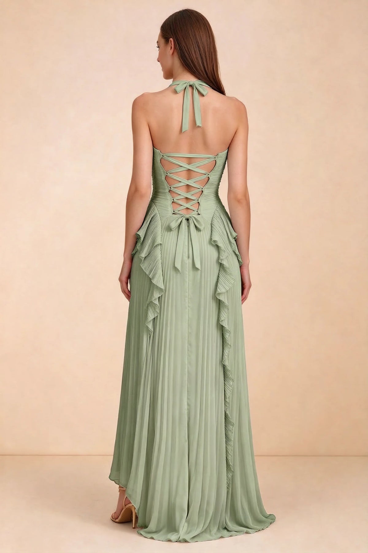 Celeste Pistachio Pleated Ruffle Halter High Slit Maxi Dress