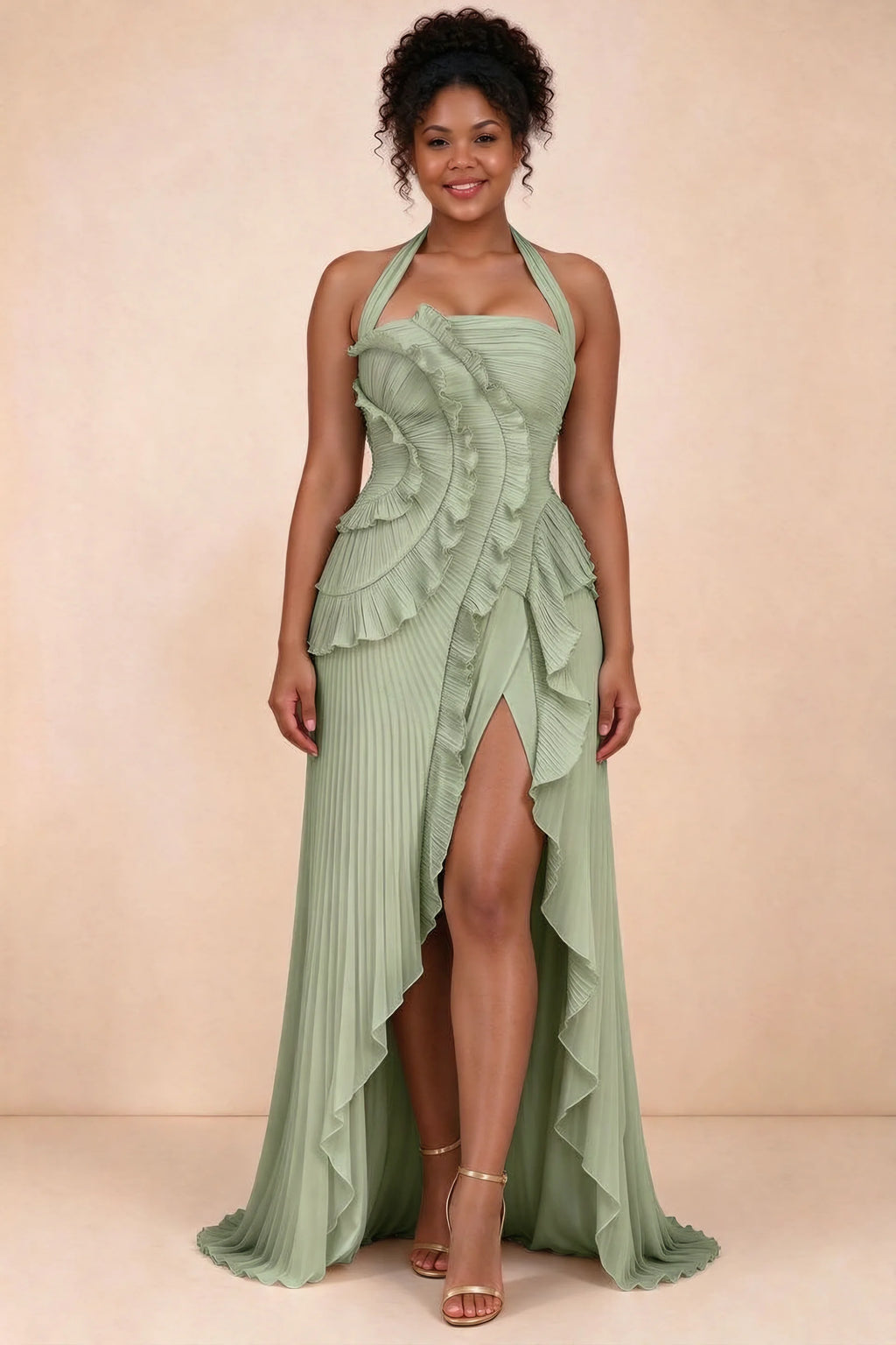 Celeste Pistachio Pleated Ruffle Halter High Slit Maxi Dress