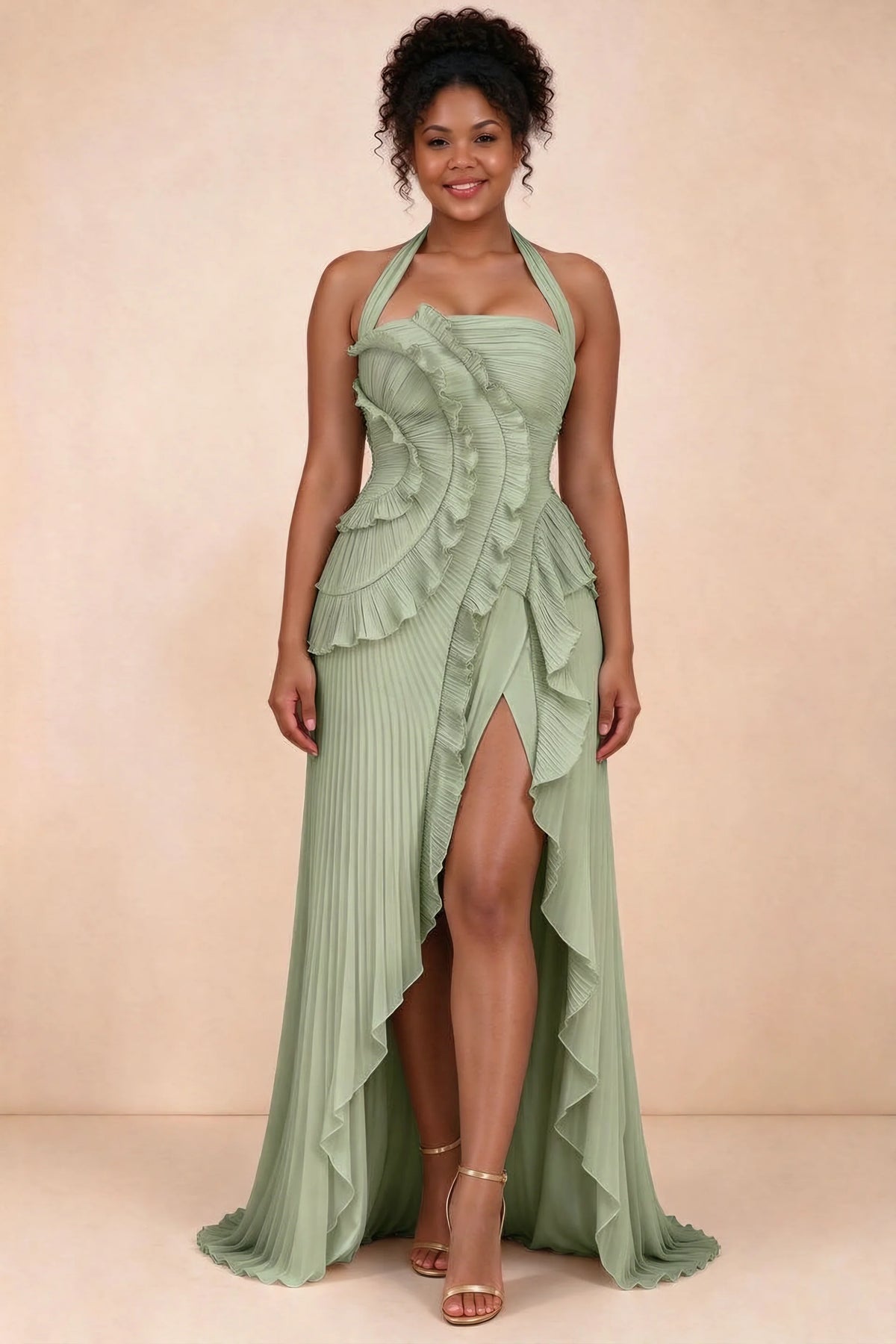 Celeste Pistachio Pleated Ruffle Halter High Slit Maxi Dress