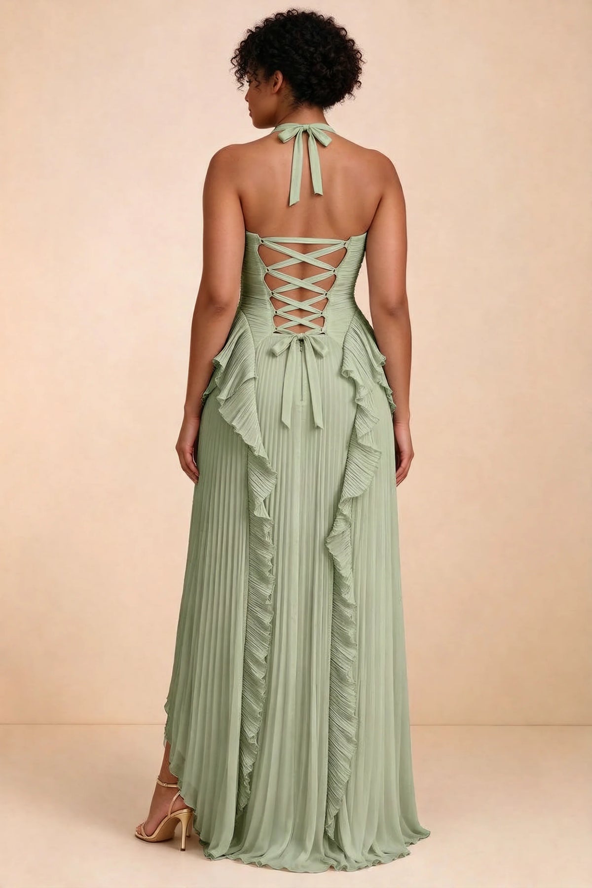 Celeste Pistachio Pleated Ruffle Halter High Slit Maxi Dress
