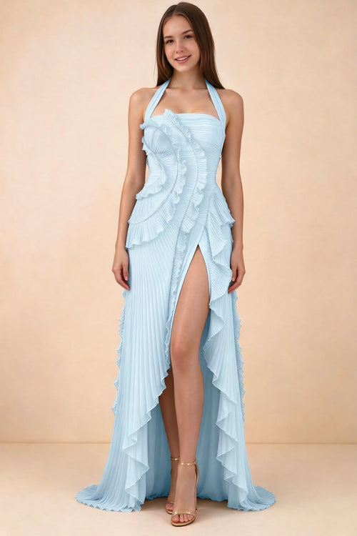 Front studio view of Celeste sky blue halter maxi dress with fine pleats, curved ruffles and a high slit