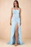 Celeste Sky Blue Pleated Ruffle Halter High Slit Maxi Dress