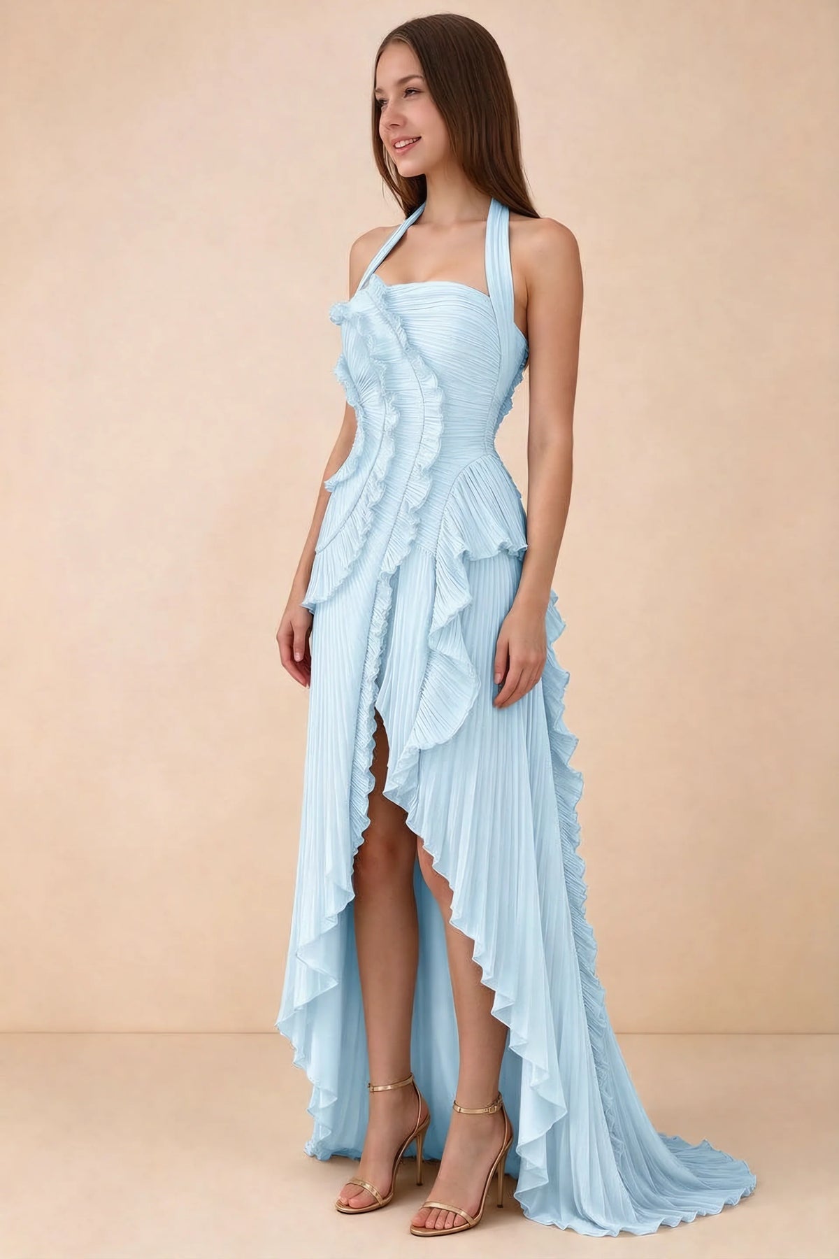 Celeste Sky Blue Pleated Ruffle Halter High Slit Maxi Dress