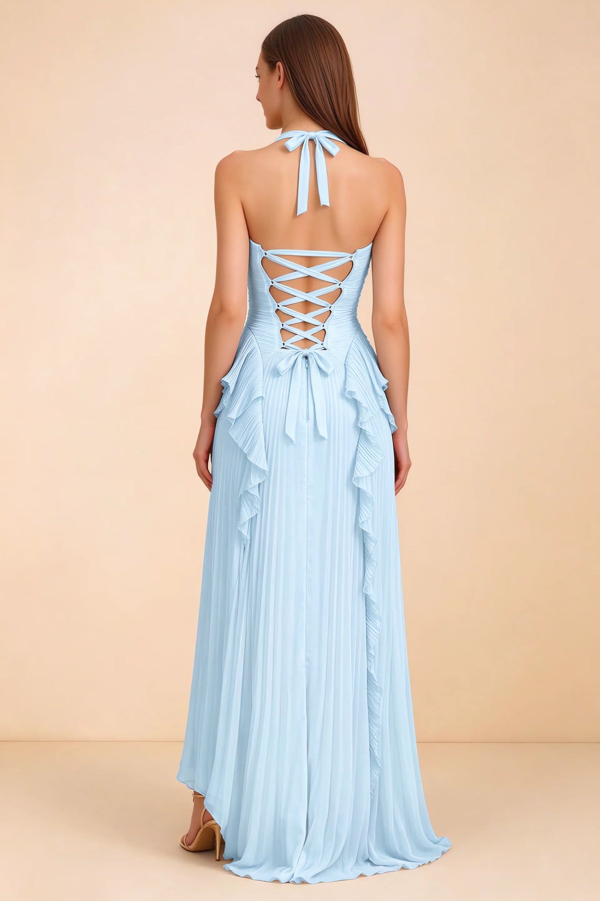 Celeste Sky Blue Pleated Ruffle Halter High Slit Maxi Dress